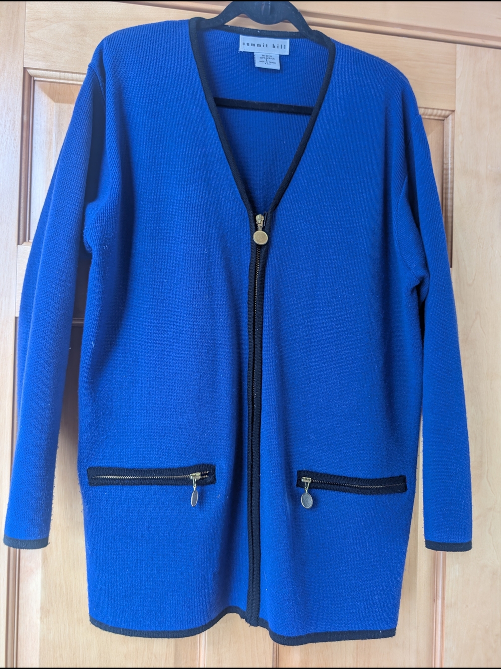 Vintage Cobalt Blue Zip-Front Knit Cardigan with Black Trim